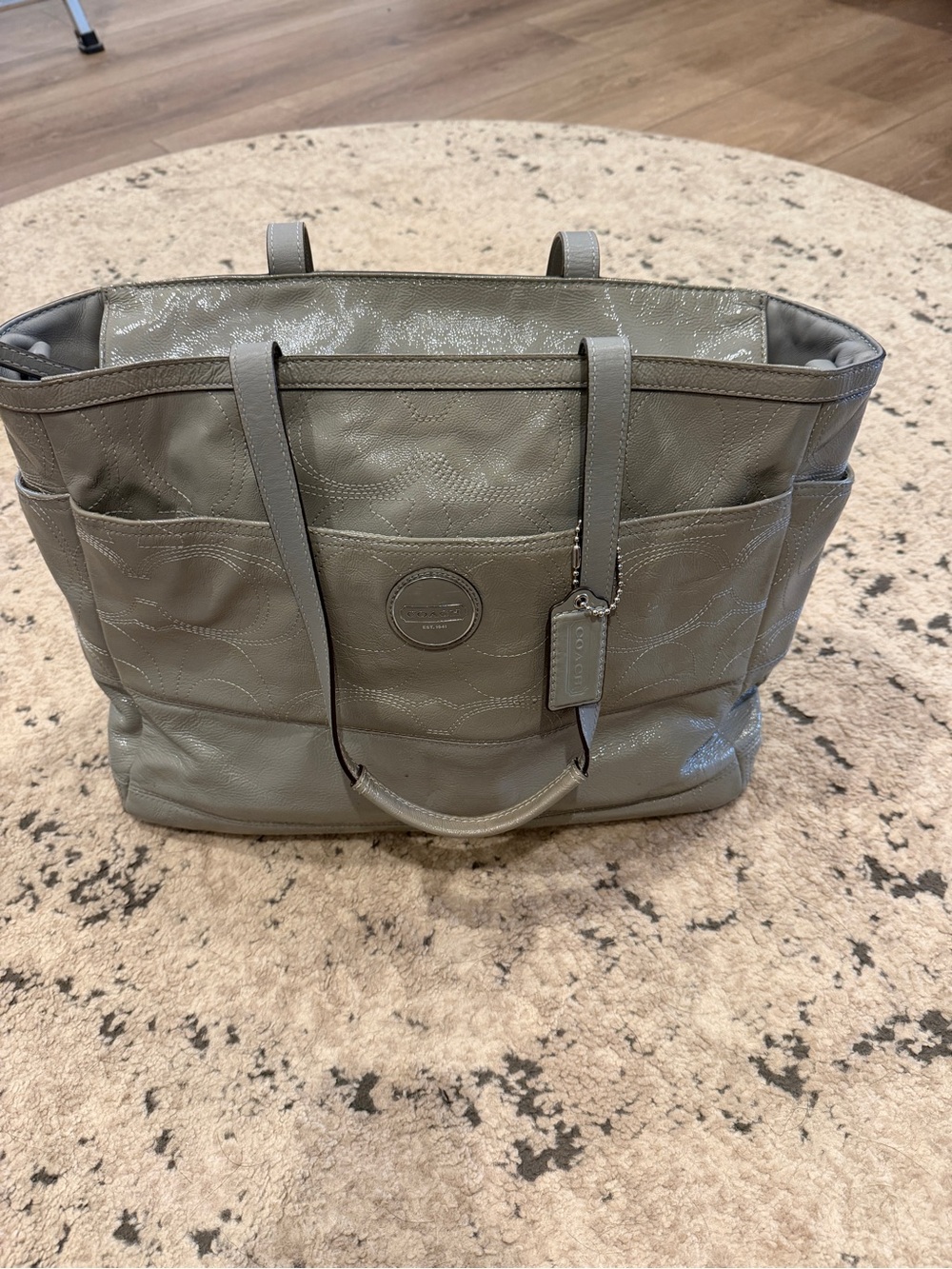 Coach Gray Quilted Patent Leather Tote with Logo Tag